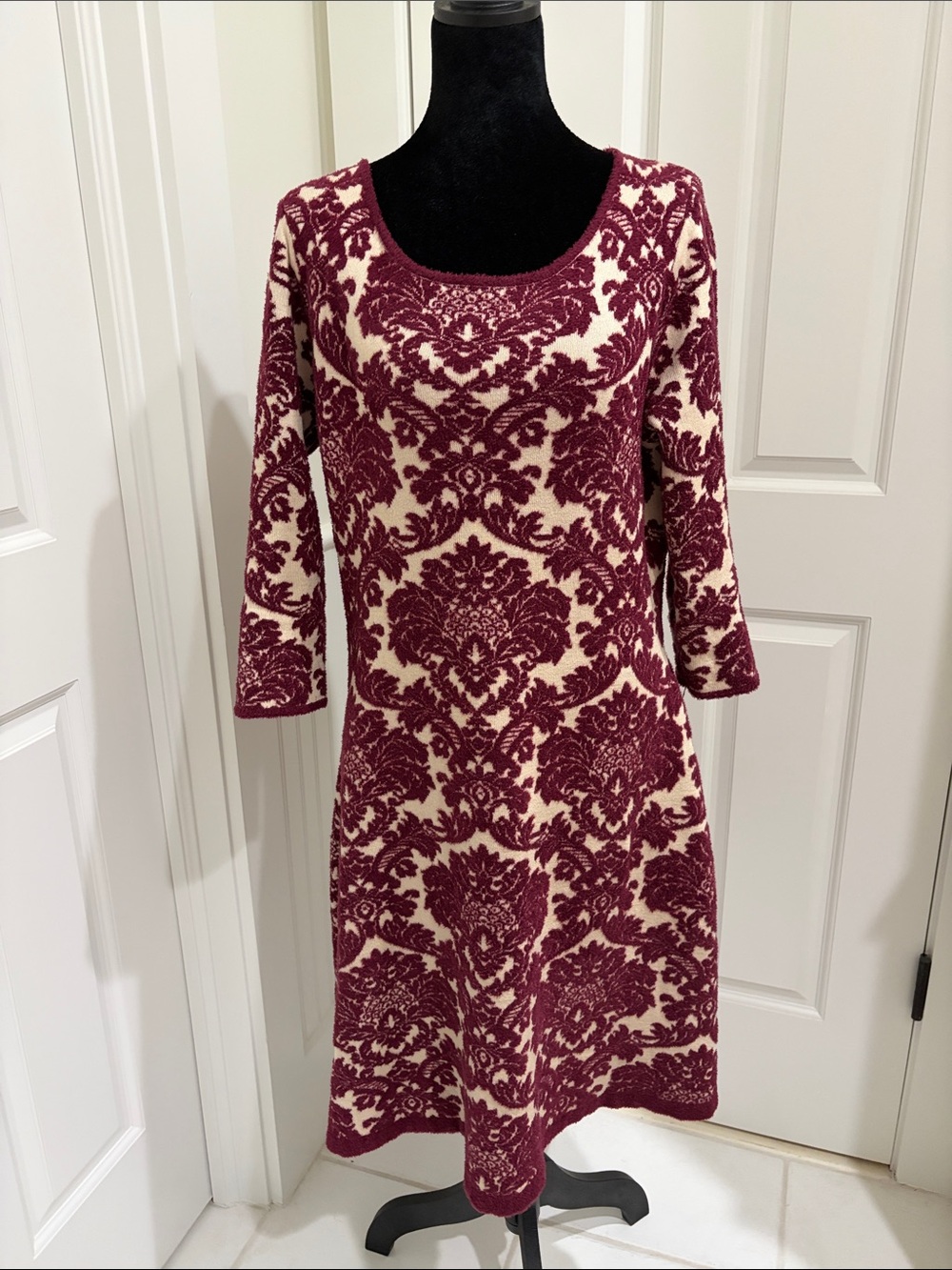 Cream and Burgundy Patterned Sweater Dress Size L